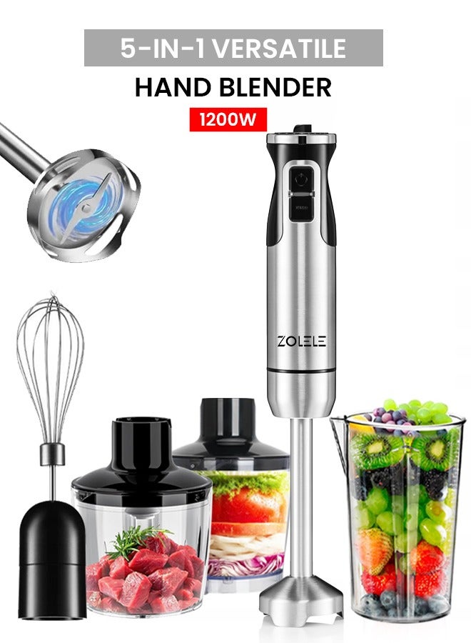 Hand Blender with Stainless Steel Blades, 5-in-1 Multifunctional Design for Blending, Chopping & Whisking, 1200W, 8 Speed Settings, Ideal for Baby Food & Juices – Model HB1200, Silver/Black