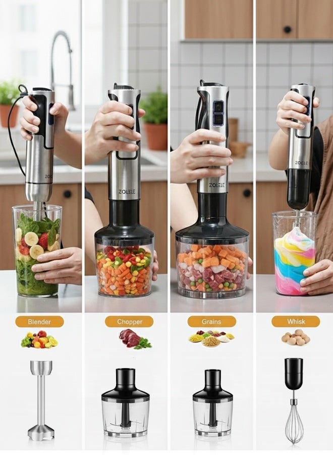 ZOLELE Hand Blender with Stainless Steel Blades, 5-in-1 Multifunctional Design for Blending, Chopping & Whisking, 1200W, 8 Speed Settings, Ideal for Baby Food & Juices – Model HB1200, Silver/Black - Image 2