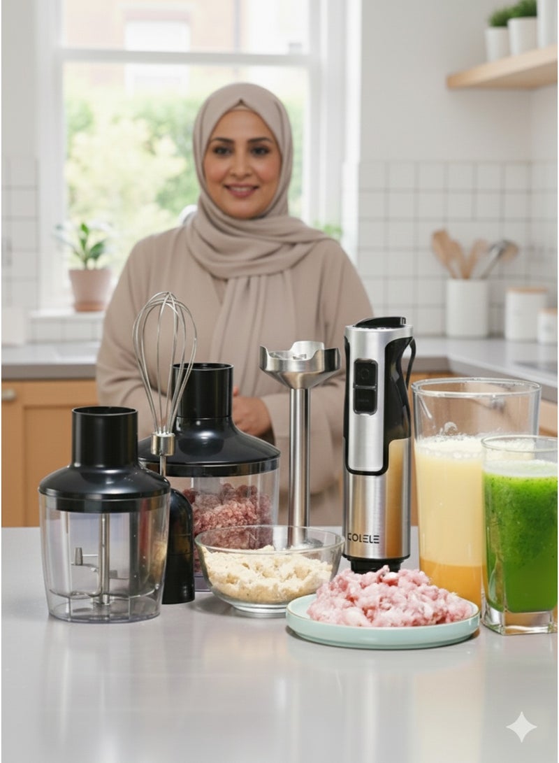 ZOLELE Hand Blender with Stainless Steel Blades, 5-in-1 Multifunctional Design for Blending, Chopping & Whisking, 1200W, 8 Speed Settings, Ideal for Baby Food & Juices – Model HB1200, Silver/Black - Image 3