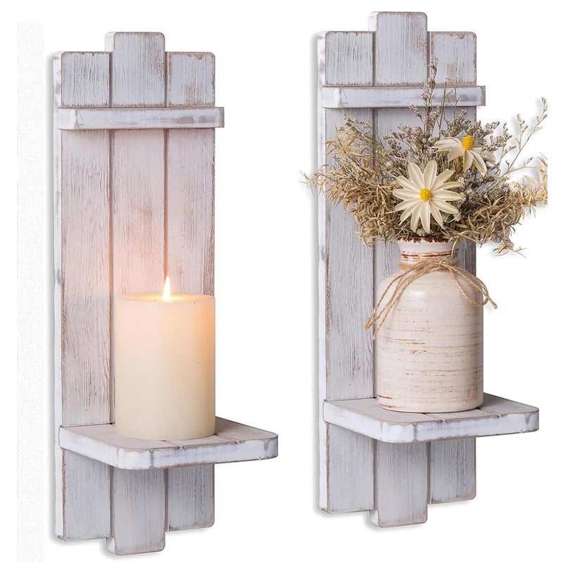 Walasis Farmhouse Candle Sconces Wall Decor: Set of Two Rustic Wood Wall Candle Holder - Distressed White Candle Sconces for Bedroom Living Room Bathroom - Image 1