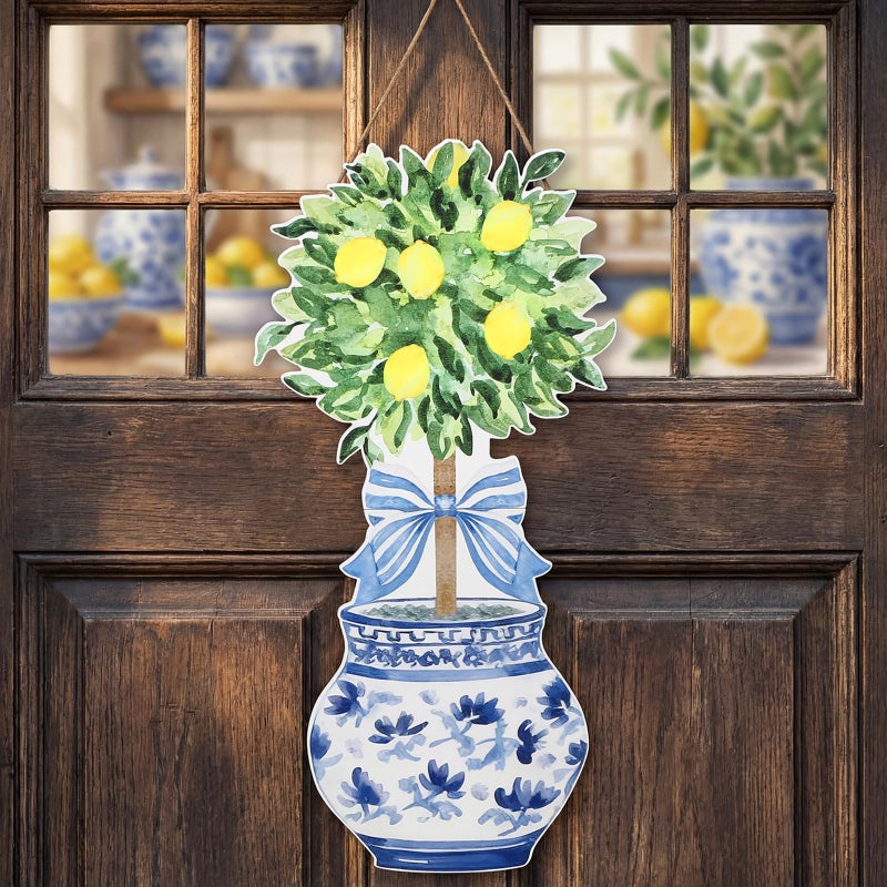 RattanView Large Size Chinoiserie Lemon Tree Door Hanger Rustic Topiary Wooden Sign Front Door Home Wreath Ornament for Farmhouse Indoor Outdoor Yard Porch Welcome Spring Decor - Image 1