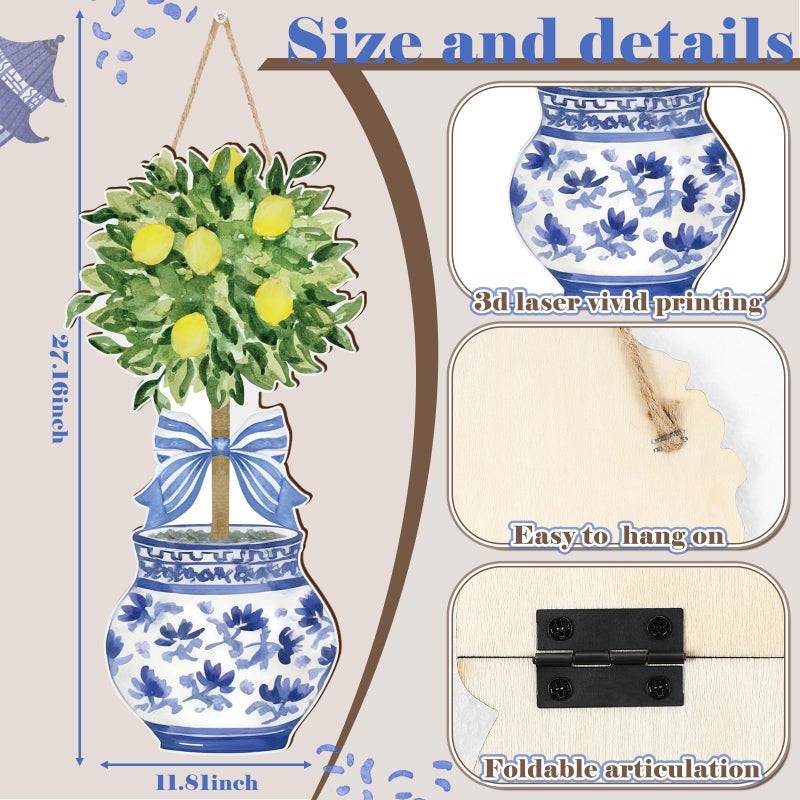 RattanView Large Size Chinoiserie Lemon Tree Door Hanger Rustic Topiary Wooden Sign Front Door Home Wreath Ornament for Farmhouse Indoor Outdoor Yard Porch Welcome Spring Decor - Image 2