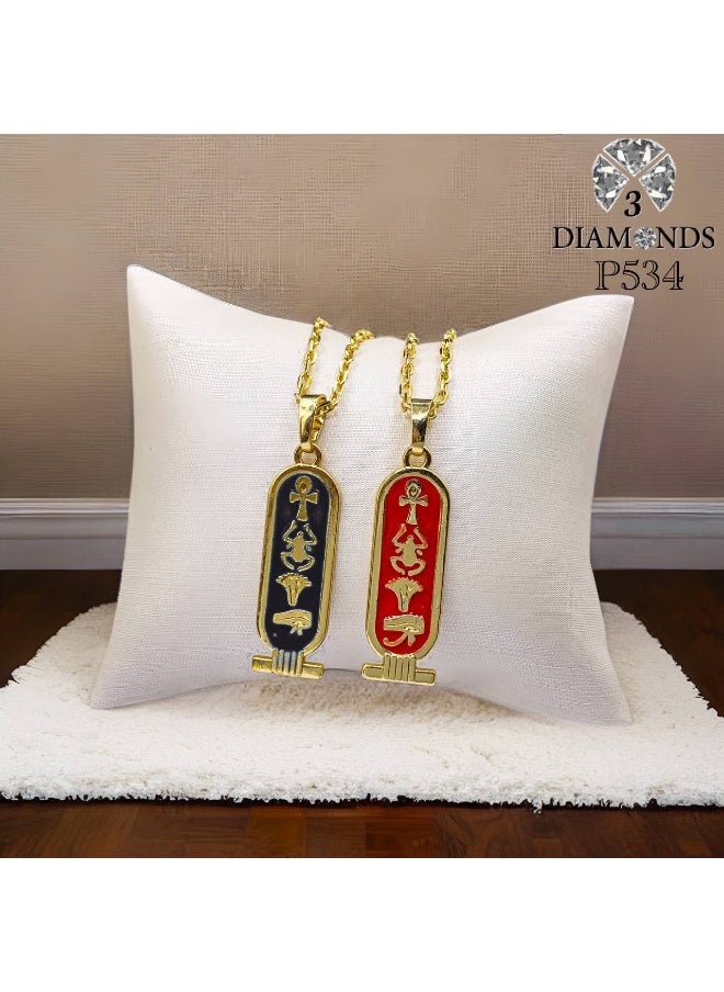 3Diamonds Pharaonic Cartouche Pendant Necklace – Gold-Plated with Hieroglyphs (Color Sent Randomly)  - Image 1