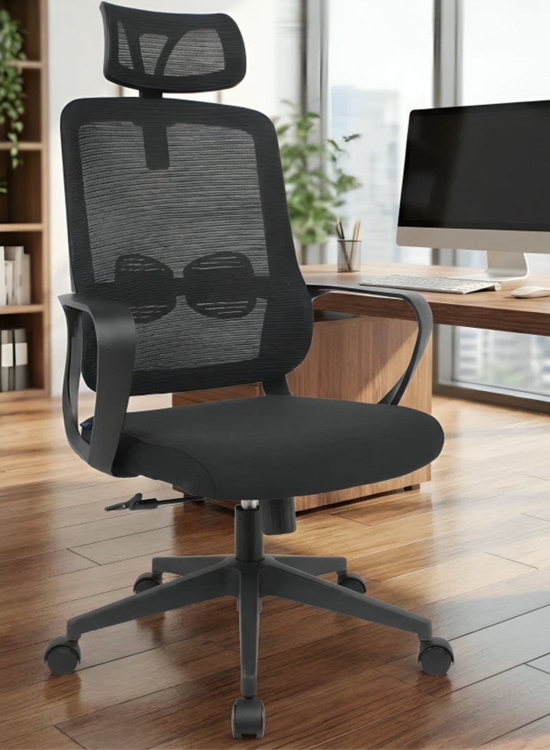 FURALUX Ergonomic Mesh Office Chair with Adjustable Headrest, Lumbar Support, Tilt & Height Adjustment, Fixed Armrests, High-Density Foam Seat, 130 kg Capacity – Black - Image 3