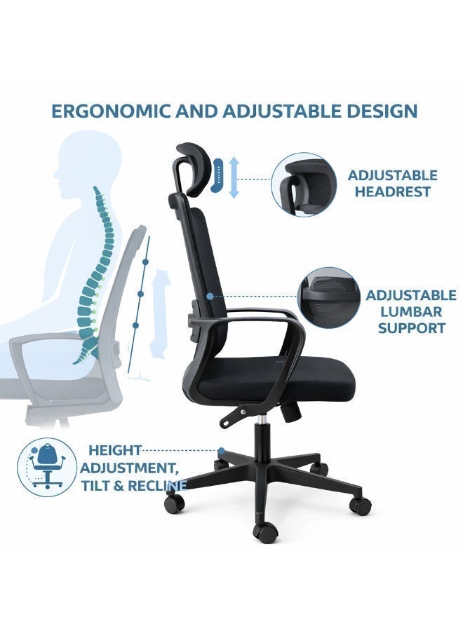 FURALUX Ergonomic Mesh Office Chair with Adjustable Headrest, Lumbar Support, Tilt & Height Adjustment, Fixed Armrests, High-Density Foam Seat, 130 kg Capacity – Black - Image 2