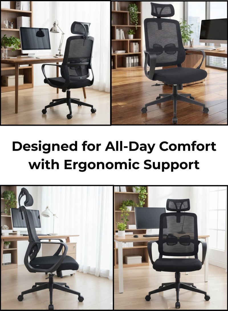 FURALUX Ergonomic Mesh Office Chair with Adjustable Headrest, Lumbar Support, Tilt & Height Adjustment, Fixed Armrests, High-Density Foam Seat, 130 kg Capacity – Black - Image 4