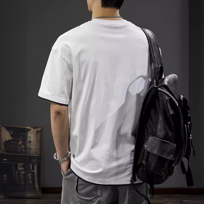 American Style Casual Fake Two-Piece Short-Sleeved T-Shirt Men'S Heavy-Weight Pure Cotton Summer Casual Loose Half-Sleeved Pocket Embroidered T-Shirt - Image 3