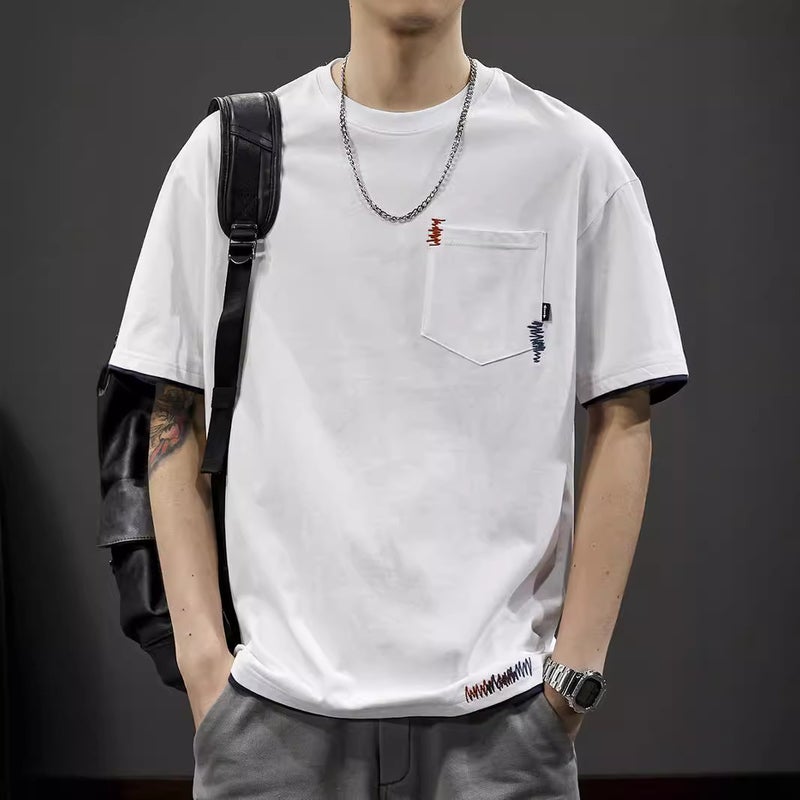 American Style Casual Fake Two-Piece Short-Sleeved T-Shirt Men'S Heavy-Weight Pure Cotton Summer Casual Loose Half-Sleeved Pocket Embroidered T-Shirt - Image 4