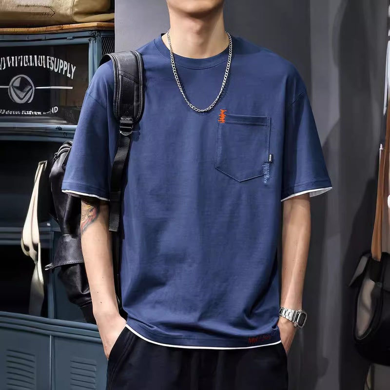 American Style Casual Fake Two-Piece Short-Sleeved T-Shirt Men'S Heavy-Weight Pure Cotton Summer Casual Loose Half-Sleeved Pocket Embroidered T-Shirt - Image 5