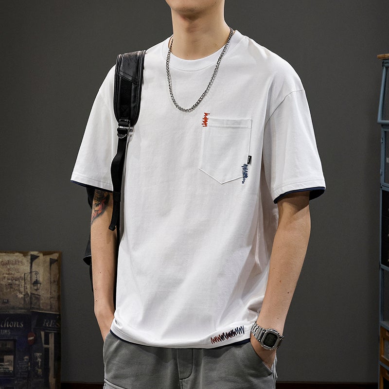 American Style Casual Fake Two-Piece Short-Sleeved T-Shirt Men'S Heavy-Weight Pure Cotton Summer Casual Loose Half-Sleeved Pocket Embroidered T-Shirt - Image 1