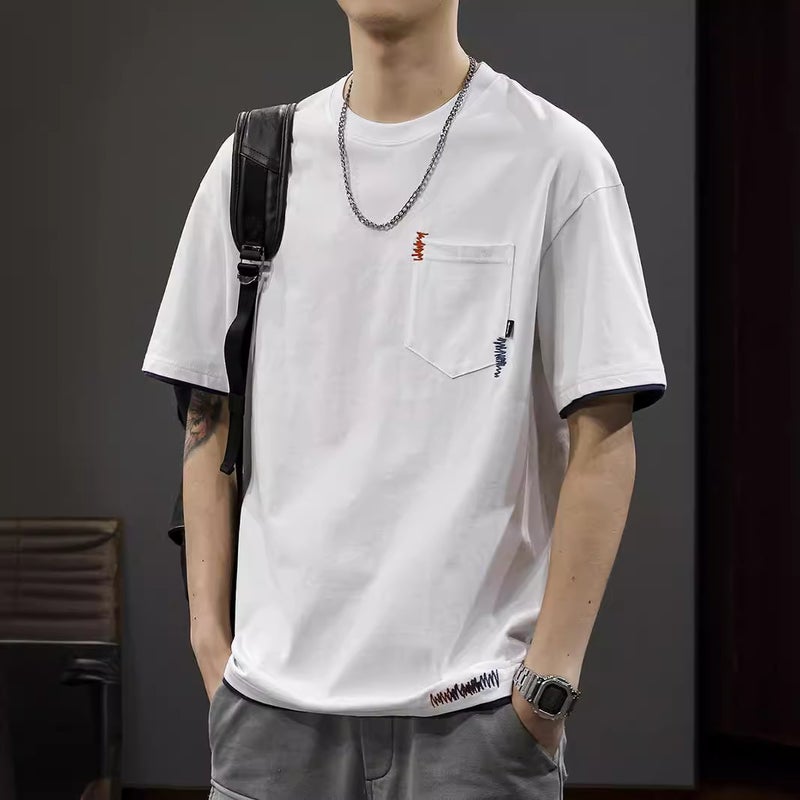 American Style Casual Fake Two-Piece Short-Sleeved T-Shirt Men'S Heavy-Weight Pure Cotton Summer Casual Loose Half-Sleeved Pocket Embroidered T-Shirt - Image 2