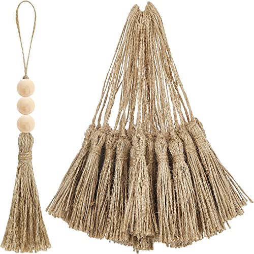 Ysleen 40 Pieces Natural Jute Tassels for Crafts Small Tassels Bulk for Jute Rope DIY Wood Beads Bookmark Garland Projects Decorations Wedding Party Gift Tags Crafts - Image 1