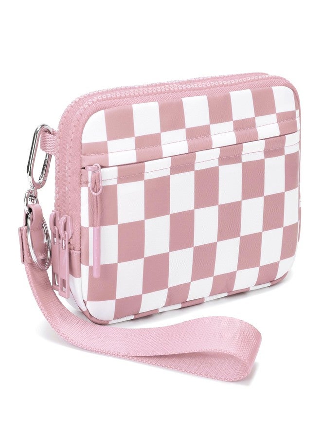FODOKO Wristlet wallets for women Nylon Quilted Wallet with 4 Zippers,Travel Credit Card,Holder Cell Phone Organizer 2025 Pink Check - Image 1