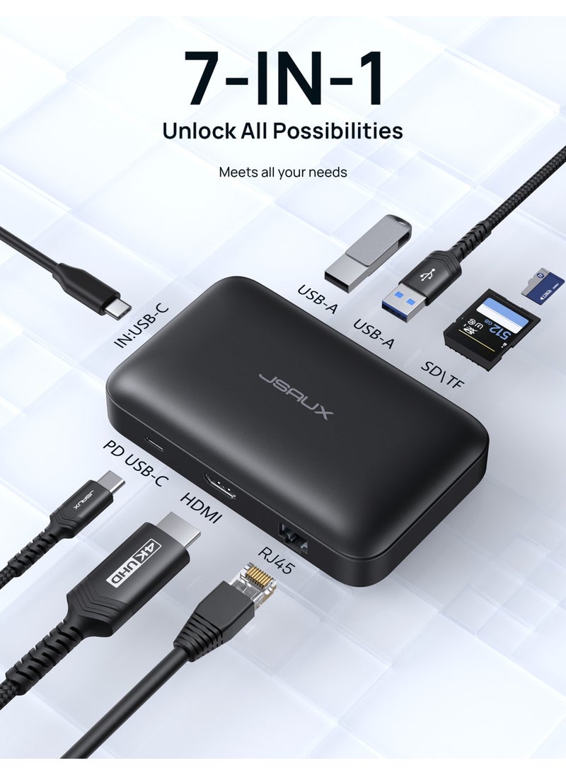 JSAUX - MP02 7in1 Type-C Pd Hub 100W Charger HDMI 2 x USB 3.0 SD TF Card Reader RJ45 + Cable Set Converter Converter Adapter Hub - Image 1