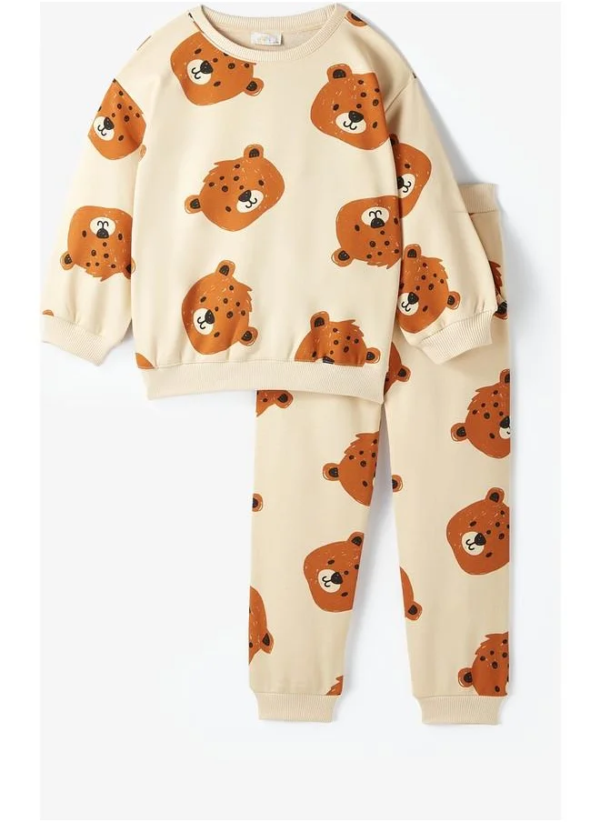 JUNE June Kid Bear Patterned Sweatshirt and Sweatpant 2-Pack Set Beige