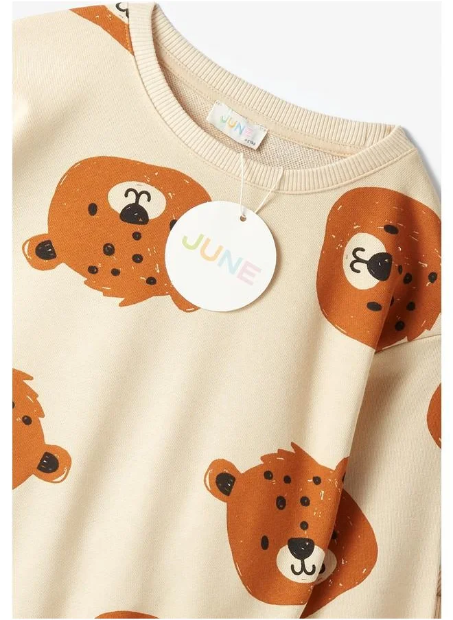 JUNE June Kid Bear Patterned Sweatshirt and Sweatpant 2-Pack Set Beige