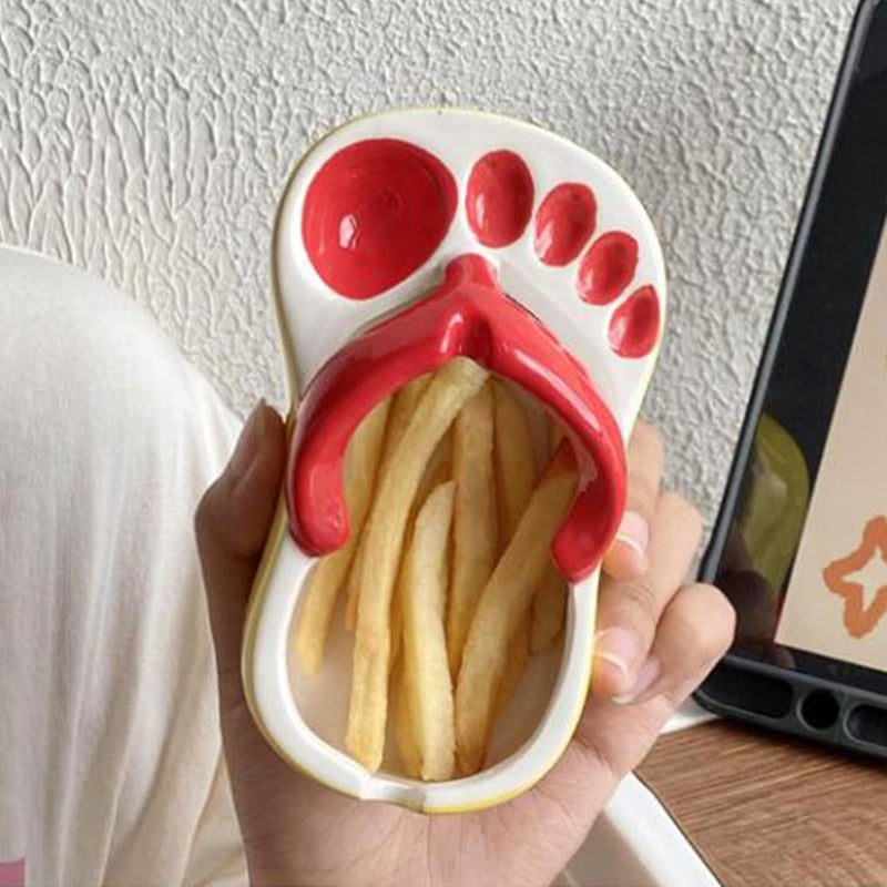 GLOGLOW Nan Flip Flops French Fries Ceramic Dish, Unique Snack Serving Bowl, Multifunction Plate for Home and Coffee Shop Use Tableware (Red) - Image 2