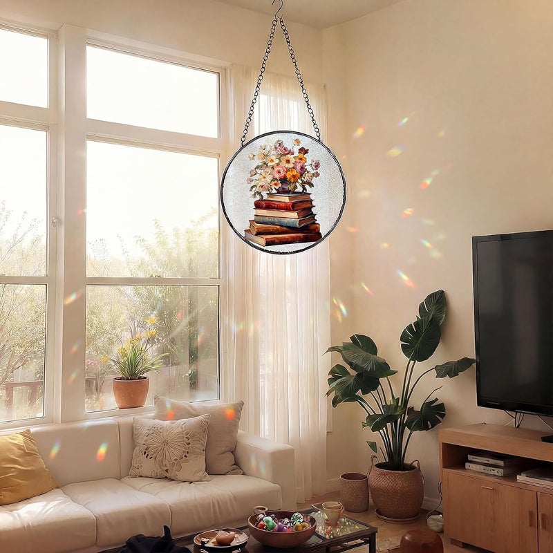 Mifoci 6.3 Inch Stained Glass Window Hanging Vintage Flower Suncatchers Indoor Window Book Lovers Gifts for Room Office Decor Aesthetic - Image 5