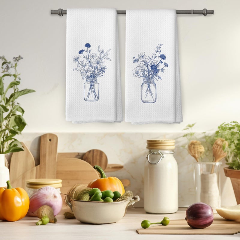 Mcehtle Vintage Blue and White Flower Botanical Kitchen Towels Set of 2, Cornflower Modern Line Drawing Floral Bouquet Hand Towel for Kitchen Bathroom, Spring Decorative Tea Dish Towels 16x24 Inch - Image 4