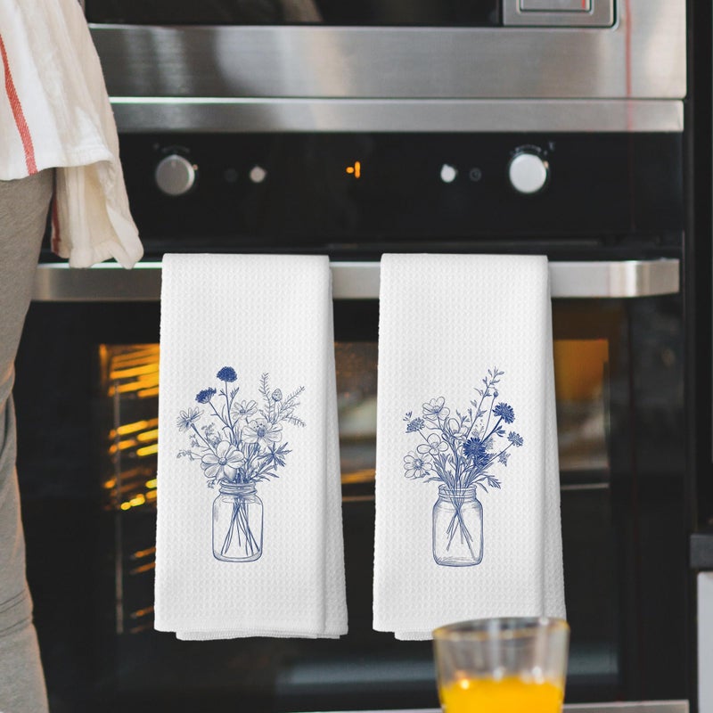 Mcehtle Vintage Blue and White Flower Botanical Kitchen Towels Set of 2, Cornflower Modern Line Drawing Floral Bouquet Hand Towel for Kitchen Bathroom, Spring Decorative Tea Dish Towels 16x24 Inch - Image 2