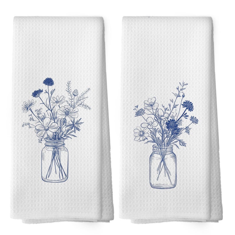Mcehtle Vintage Blue and White Flower Botanical Kitchen Towels Set of 2, Cornflower Modern Line Drawing Floral Bouquet Hand Towel for Kitchen Bathroom, Spring Decorative Tea Dish Towels 16x24 Inch - Image 1