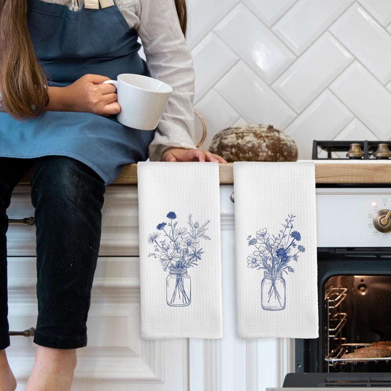 Mcehtle Vintage Blue and White Flower Botanical Kitchen Towels Set of 2, Cornflower Modern Line Drawing Floral Bouquet Hand Towel for Kitchen Bathroom, Spring Decorative Tea Dish Towels 16x24 Inch - Image 3