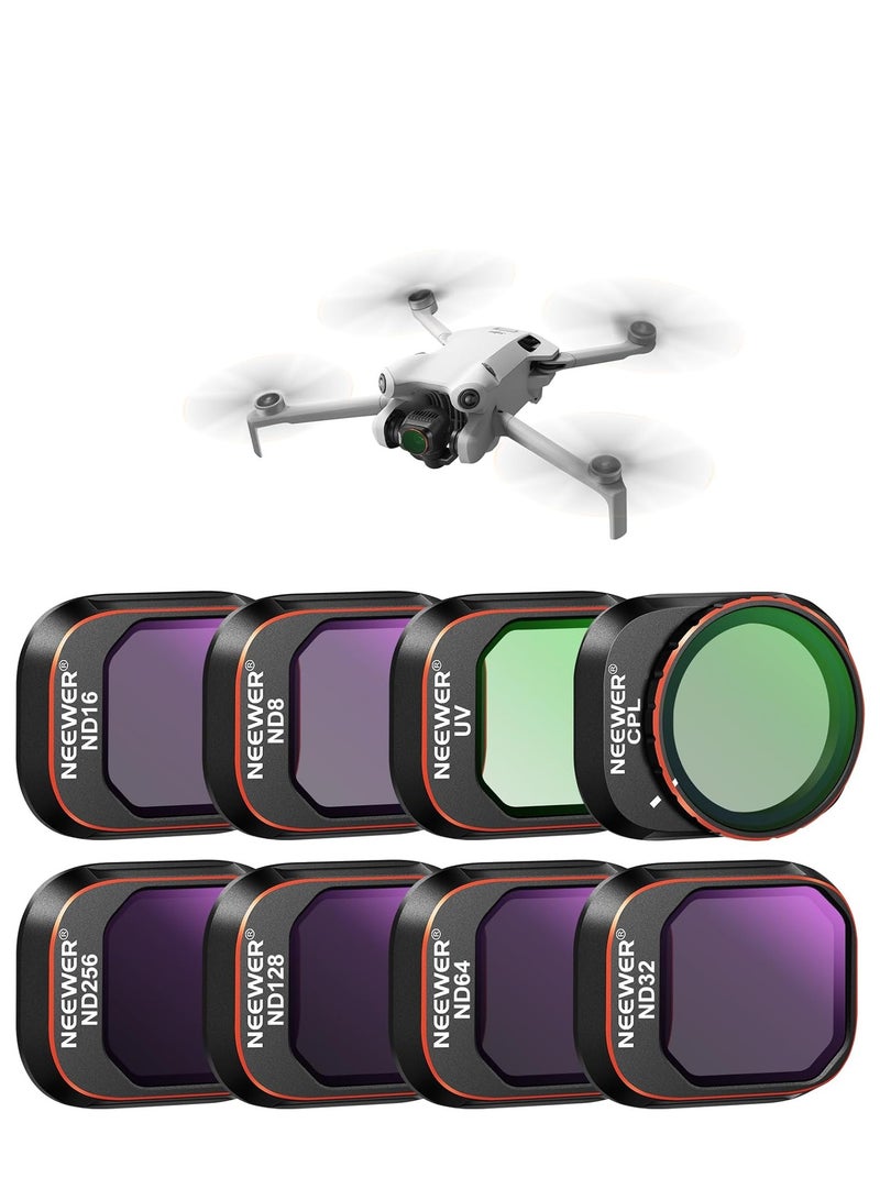 نيوير مجموعة فلتر ND و CPL متوافقة مع DJI Mini 4 Pro ، 8 حزمة UV CPL ND8 ND16 ND32 ND64 ND128 ND256 CPL Polarizer فلاتر عدسة الطائرات بدون طيار ذات الكثافة المحايدة ، إطار الزجاج البصري HD متعدد المغطاة / الألومنيوم  - Image 1