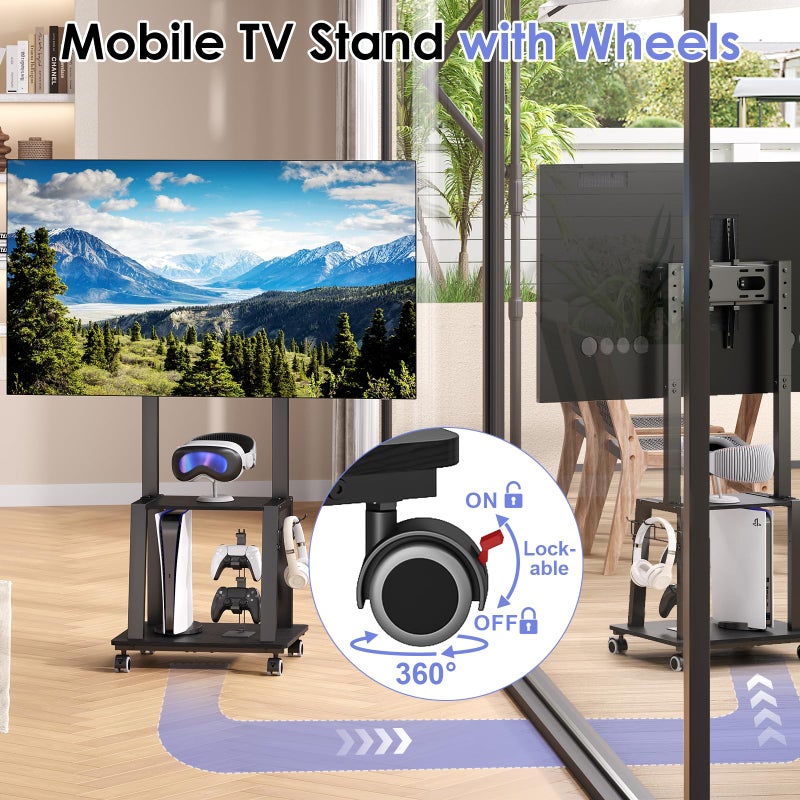 Aokitsink Rolling TV Stand on Wheels for 23-60Inch Flat/Curved Screen TVs,Tilt Mobile TV Cart with 2 Shelves,Portable TV Stand with Adjustable Height Holds up to 50lbs for Indoor Outdoor Max VESA 400x400mm - Image 4