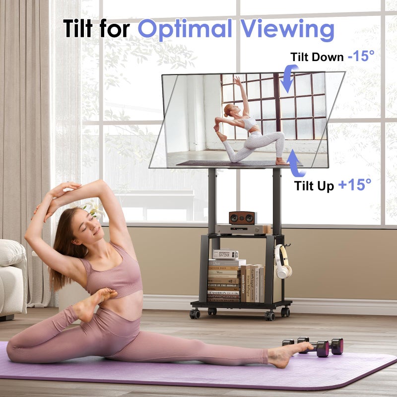 Aokitsink Rolling TV Stand on Wheels for 23-60Inch Flat/Curved Screen TVs,Tilt Mobile TV Cart with 2 Shelves,Portable TV Stand with Adjustable Height Holds up to 50lbs for Indoor Outdoor Max VESA 400x400mm - Image 2