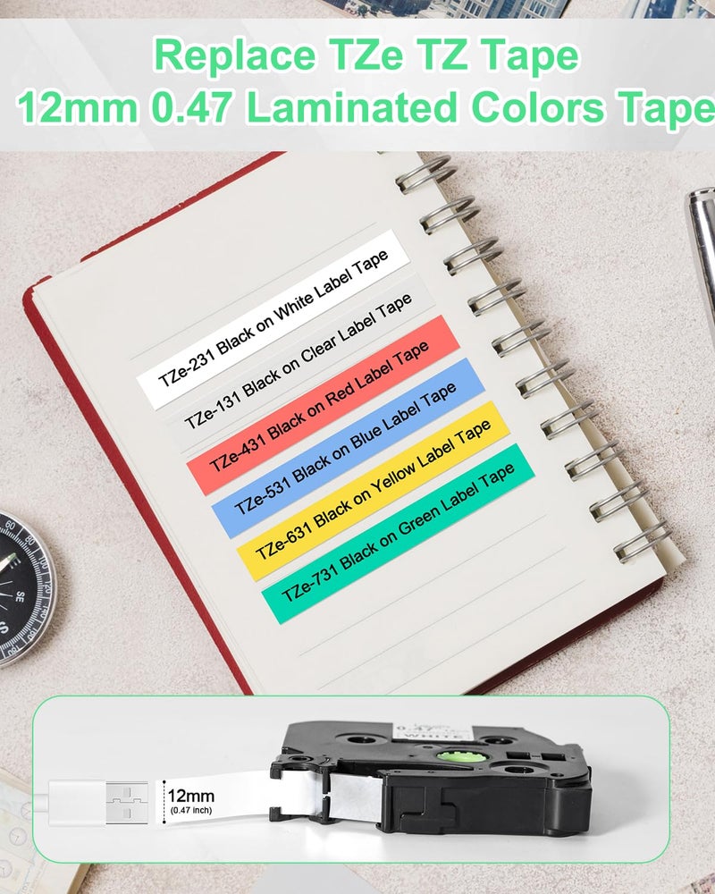 Labelife Replacement for Brother P Touch Label Maker Tape, TZe TZ Tape 12mm 0.47 Laminated Colored for Brother PT-D210 PT-D220 PT-H110 PT-D600 PT-D610BT, White/Clear/Red/Blue/Yellow/Green, 6-Pack - Image 2