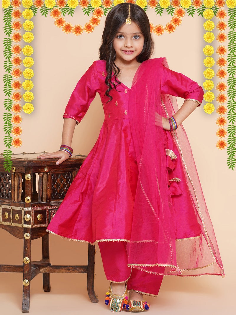 PRASHA Silk blend Woven Three-Quarter Sleeves Embroidered A Line Kurta And Palazzo With Dupatta Set - Pink - Image 1