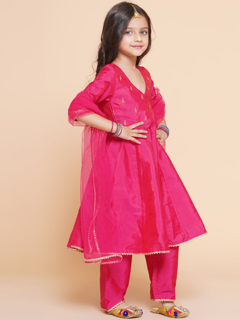 PRASHA Silk blend Woven Three-Quarter Sleeves Embroidered A Line Kurta And Palazzo With Dupatta Set - Pink - Image 2