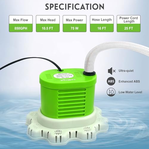 AgiiMan Pool Cover Pump Above Ground - 850 GPH Submersible Water Pump for Pool Draining, Portable Small Sump Pumps with 16' Drainage Hose and 25' Power Cord, 3 Adapters, Green - Image 3