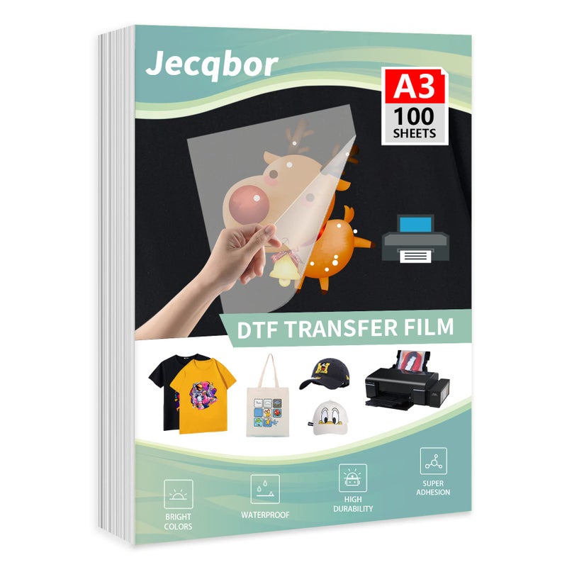 Jecqbor Jecqbor DTF Transfer Film Paper PET Heat Transfer Paper A3 100sheet DoubleSided Glossy Clear Pretreat DTF Film for DTF All Inkjet Printer Direct Print On TShirts Textile 117 x 165