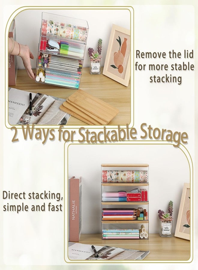 BTSKY 4 Pack Clear Pencil Box with Bamboo Lids, Stackable Office Supplies Storage Containers, Hard Plastic Pencil Case for Organizing Gel Pens Erasers Tape Pens Pencils Markers Crayons etc - Image 3
