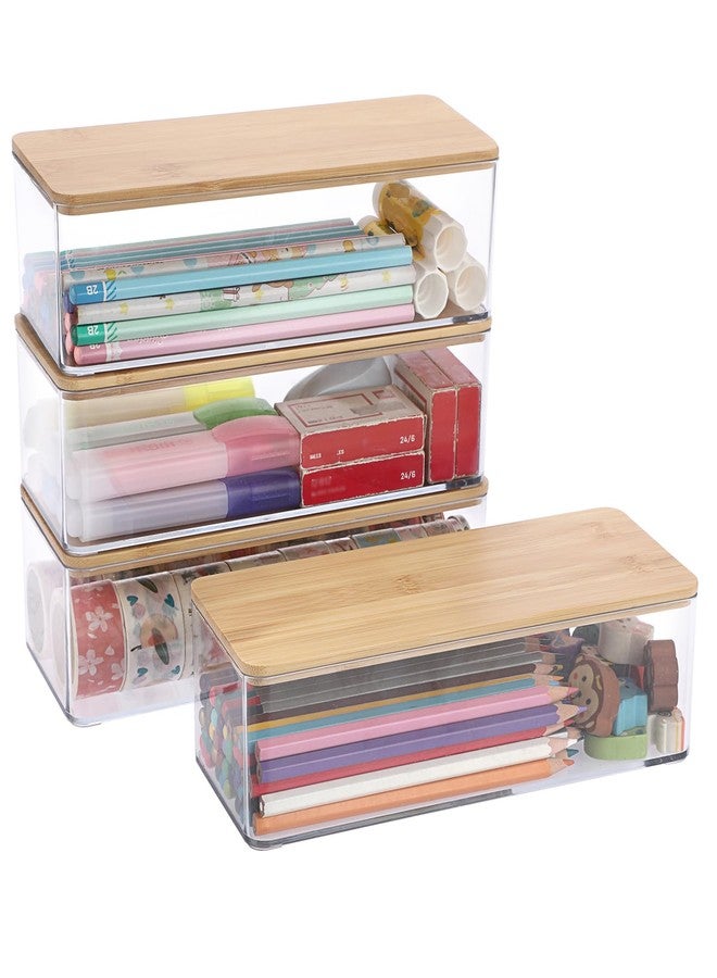 BTSKY 4 Pack Clear Pencil Box with Bamboo Lids, Stackable Office Supplies Storage Containers, Hard Plastic Pencil Case for Organizing Gel Pens Erasers Tape Pens Pencils Markers Crayons etc - Image 1
