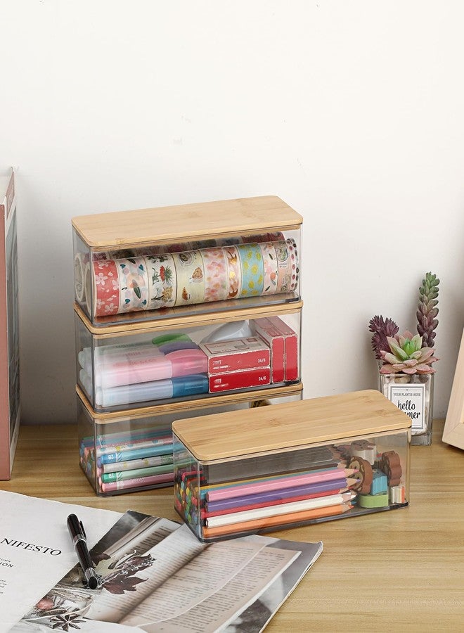 BTSKY 4 Pack Clear Pencil Box with Bamboo Lids, Stackable Office Supplies Storage Containers, Hard Plastic Pencil Case for Organizing Gel Pens Erasers Tape Pens Pencils Markers Crayons etc - Image 5