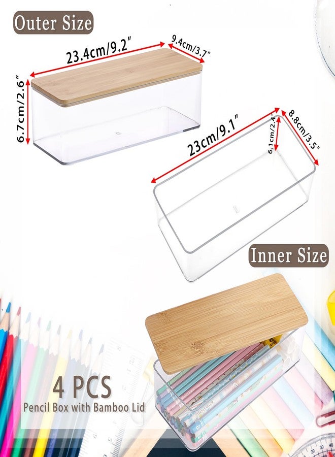 BTSKY 4 Pack Clear Pencil Box with Bamboo Lids, Stackable Office Supplies Storage Containers, Hard Plastic Pencil Case for Organizing Gel Pens Erasers Tape Pens Pencils Markers Crayons etc - Image 2