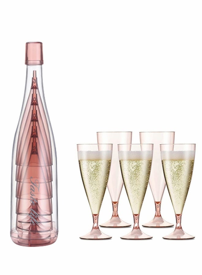Plastic Champagne Flutes, Reusable Cups with Storage Bottle,Pink Portable Cup,Mimosa Glasses  for Picnic, Party, Camping and Gathering(Set of 5) - Image 1