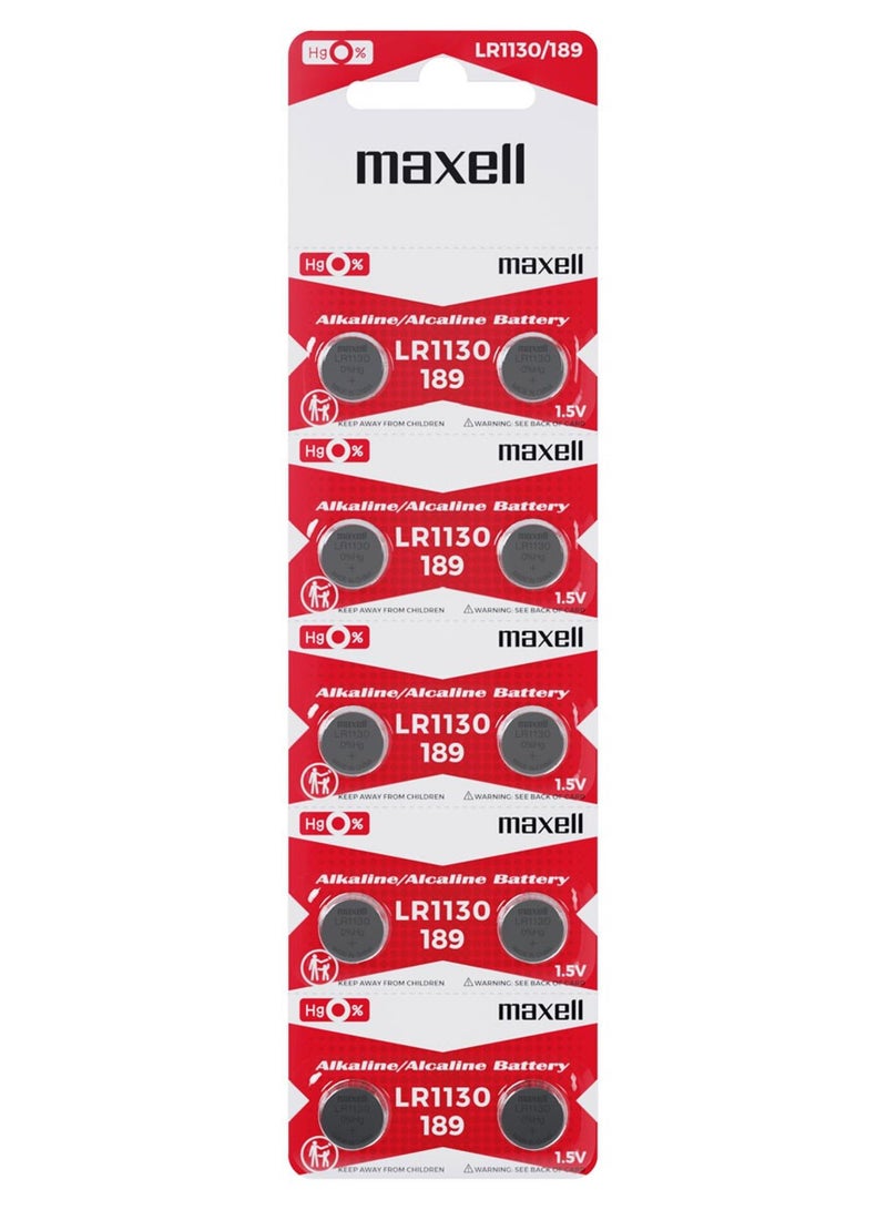 Maxell LR1130 (189) AG10 Alkaline 1.5v Battery (Pack of 10) - Image 1
