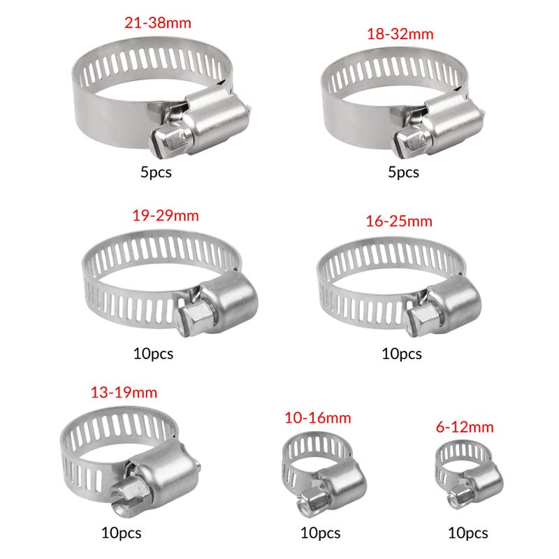 YEYIT 60 Pcs Hose Clips, Jubilee Hose Clamp 7 Sizes Adjustable 6-38mm Range Hose Clamps,Stainless Steel Pipe Clips Assortment with Storage Case, for Water Pipe,Automobile Tubing - Image 2