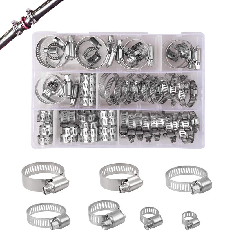 YEYIT 60 Pcs Hose Clips, Jubilee Hose Clamp 7 Sizes Adjustable 6-38mm Range Hose Clamps,Stainless Steel Pipe Clips Assortment with Storage Case, for Water Pipe,Automobile Tubing - Image 1