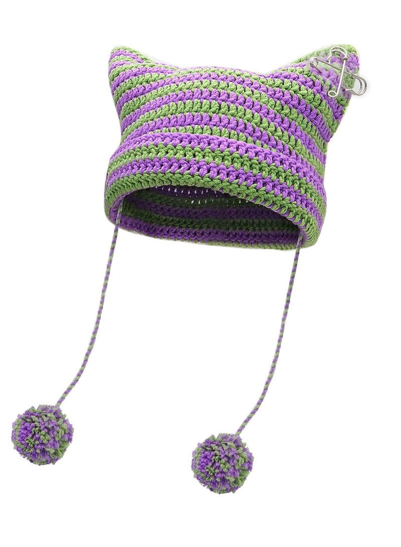 Y&D Crochet Hats for Women, Winter Warm Cap, Women Knitted Cat Beanie Stripe, Beanies Fox Hat, Slouchy Girls - Image 1