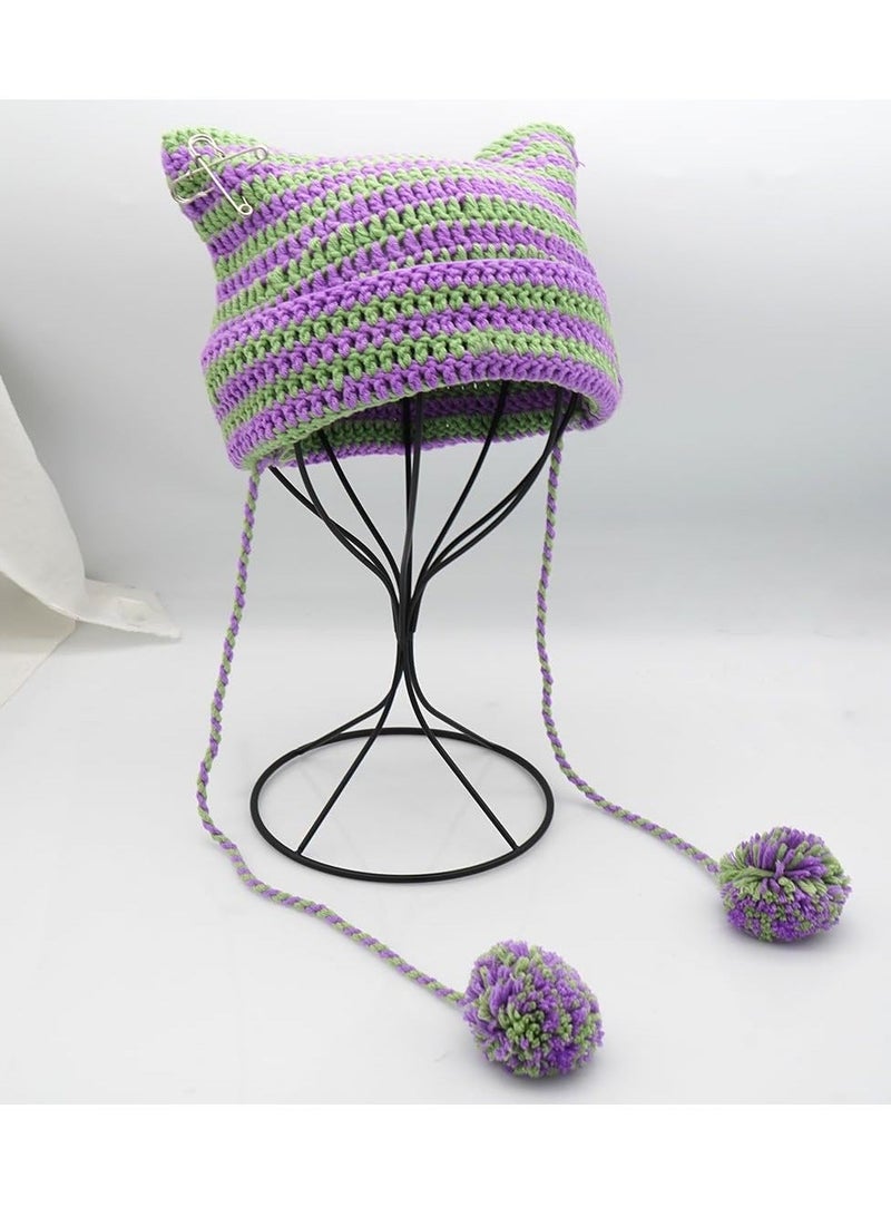 Y&D Crochet Hats for Women, Winter Warm Cap, Women Knitted Cat Beanie Stripe, Beanies Fox Hat, Slouchy Girls - Image 5