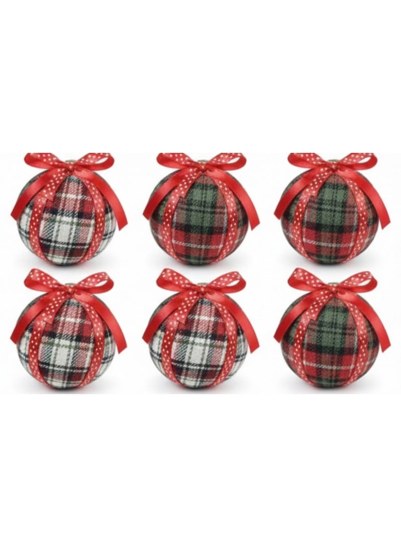 Plaid Christmas Ornaments with Red Ribbon – Set of 6 - Image 1