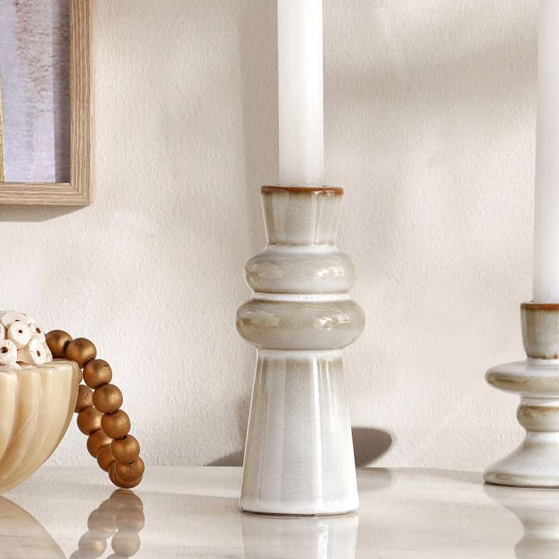 Pan Home حامل شمعة سيراميك مدبب - بيج - Image 1