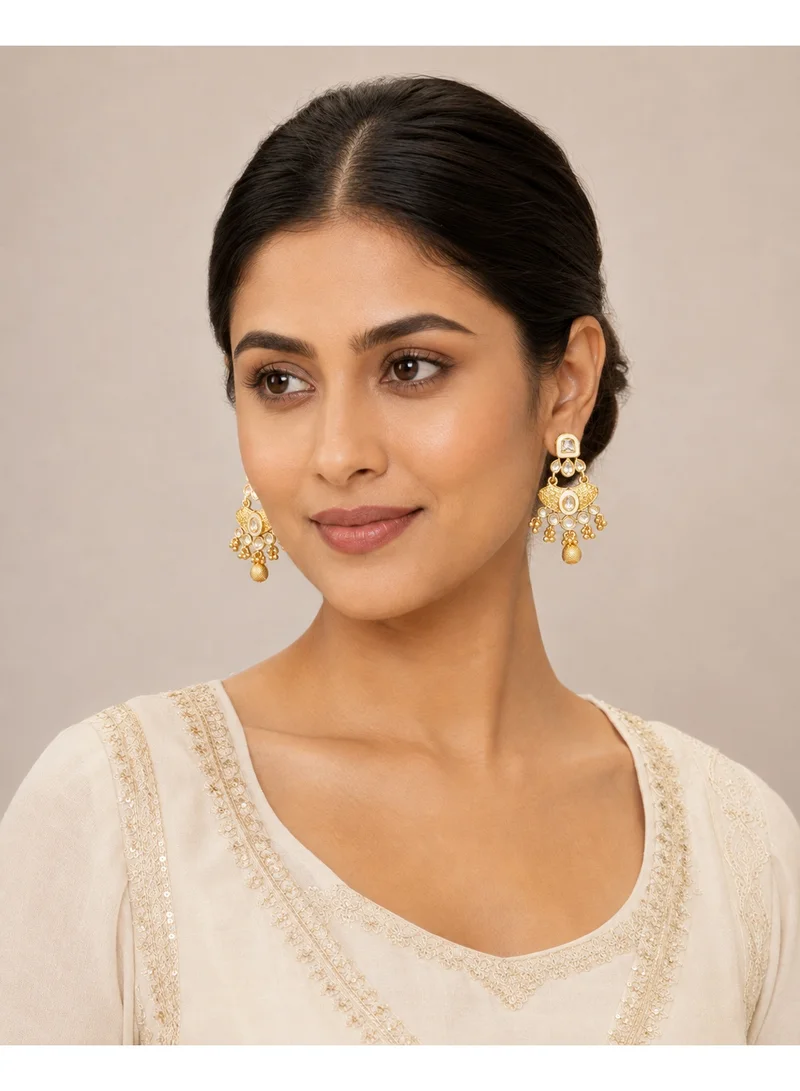 Lehar Imitation Gold Tone Kundan Chandbali Earrings with Polki Stones & Beaded Drops