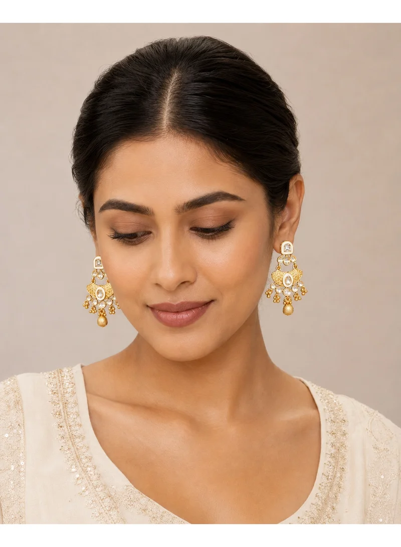 Lehar Imitation Gold Tone Kundan Chandbali Earrings with Polki Stones & Beaded Drops