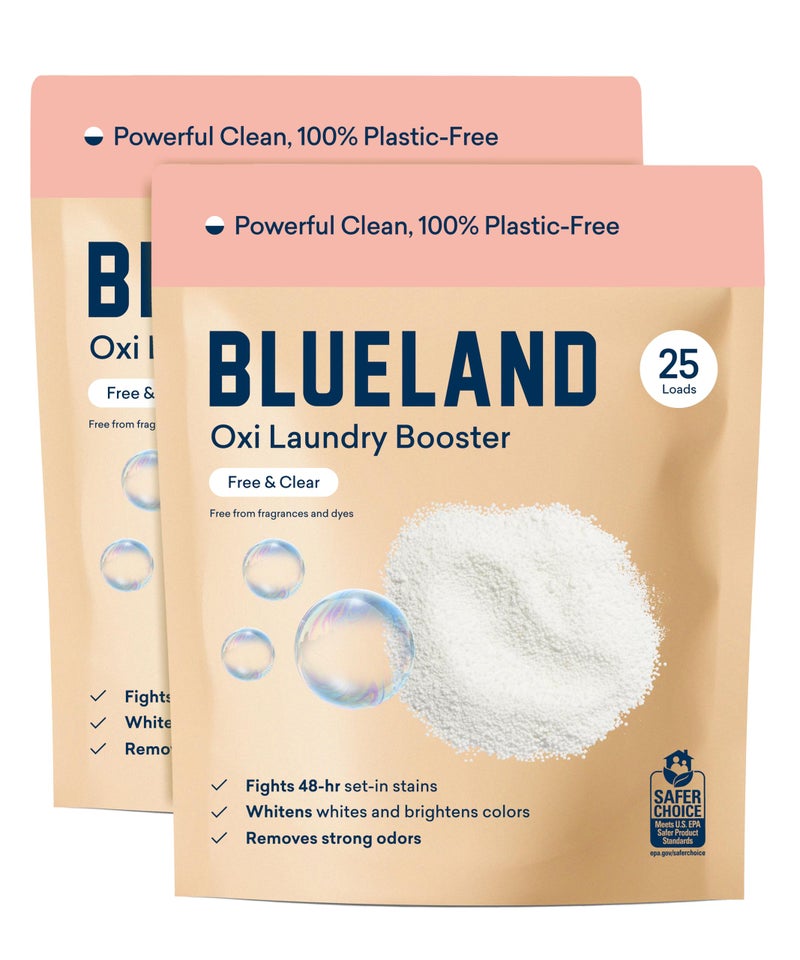 Blueland بلولاند أكسي لودري بوستر بودرة إعادة التعبئة 2-عبوة، خالية من العطور وواضحة، 50 حمولة، 35.2 أوقية، خالية من البلاستيك، صديقة للبيئة، منظف أكسي، مزيل البقع - Image 1