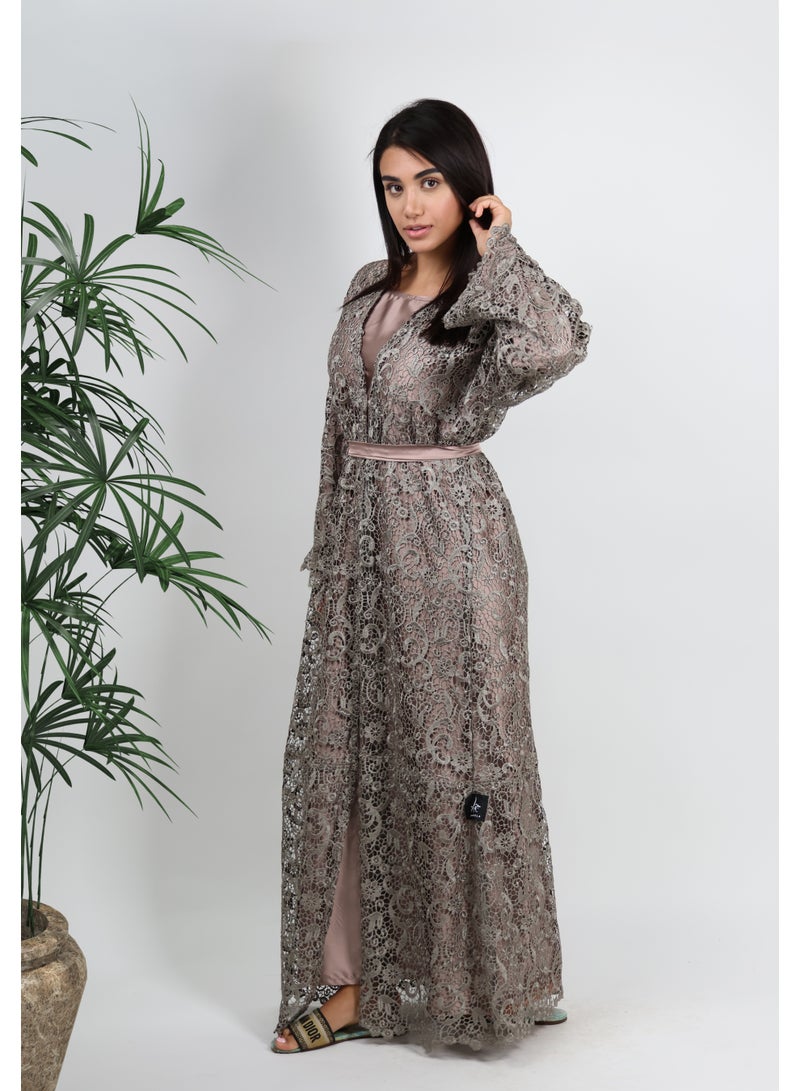 JAMEELA Lace Splicing Beige Abaya - Image 2
